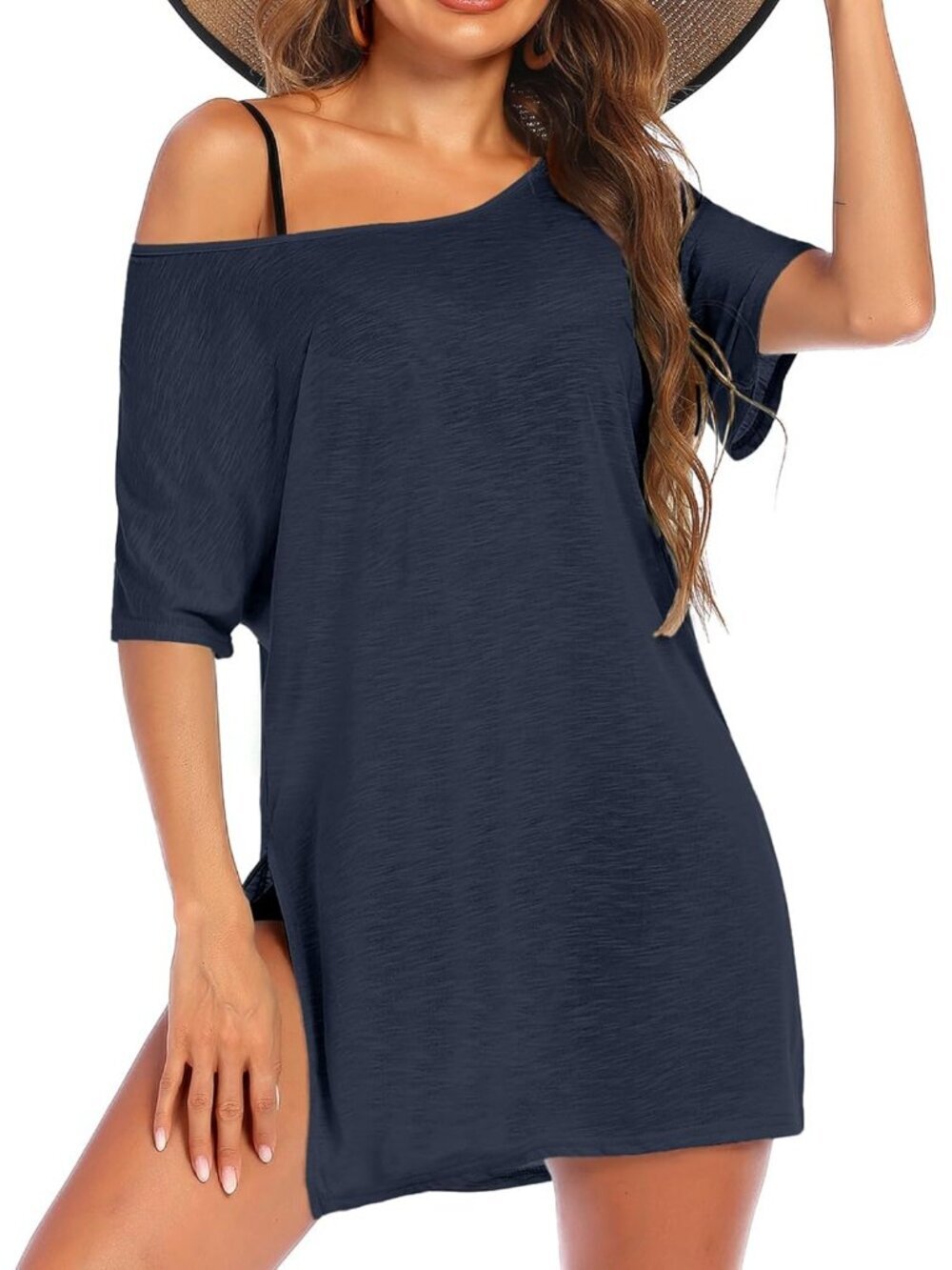 Women's Navy Blue Short Sleeve Cover Ups for Beach Bathing Suit Swimwear